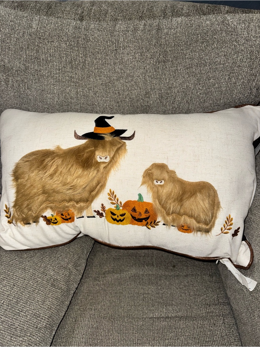 Halloween Highland Cow Plush Holiday Pillow in Cream and Brown